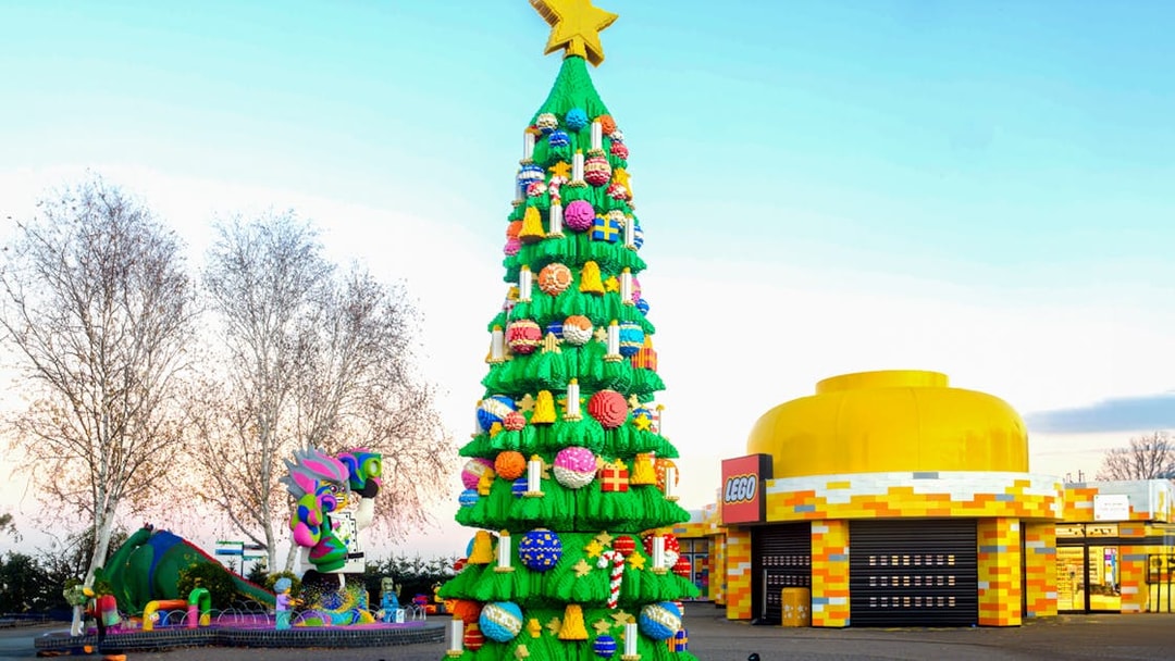 Lego Christmas tree at Legoland London with colorful decorations and a star on top.