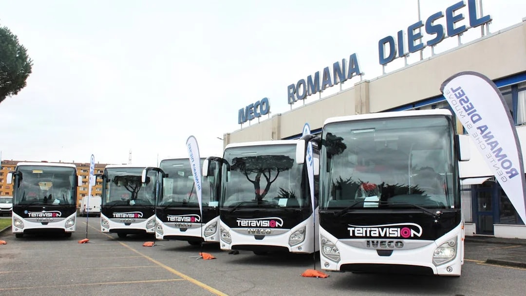Terravision buses parked at Ciampino Airport for Rome city center transfers.
