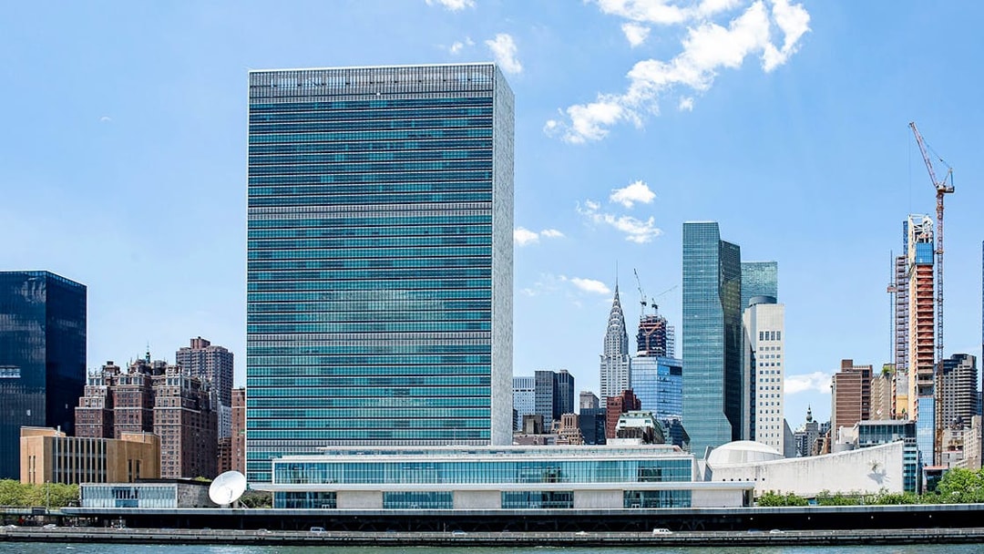 United Nations Headquarters and NYC skyline viewed from the East River on Circle Line 90min NYC Landmarks Cruise.