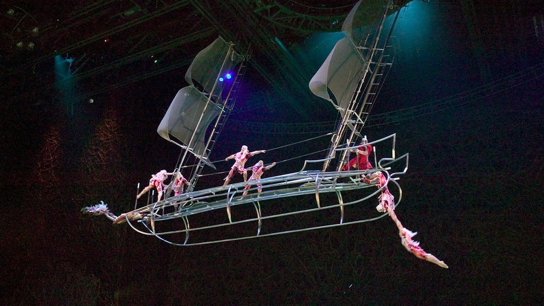 Acrobats performing on a ship set in Cirque du Soleil's "O" show in Las Vegas.