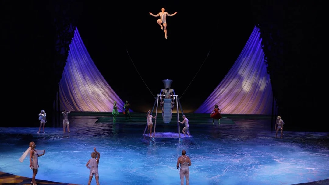Acrobats performing above water in Cirque du Soleil's "O" show in Las Vegas.