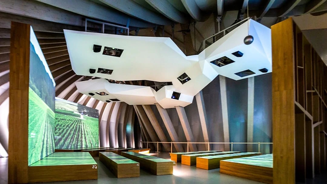 Cité du Vin museum interior with vineyard projections, Bordeaux, France.
