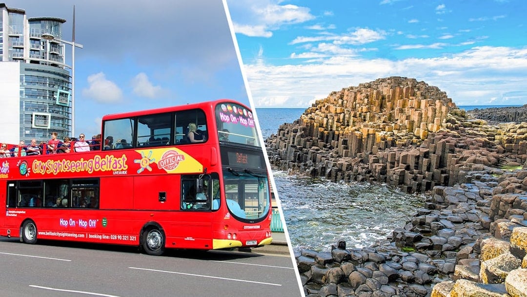 Red double-decker bus for Belfast city tour and Giant’s Causeway rock formations.