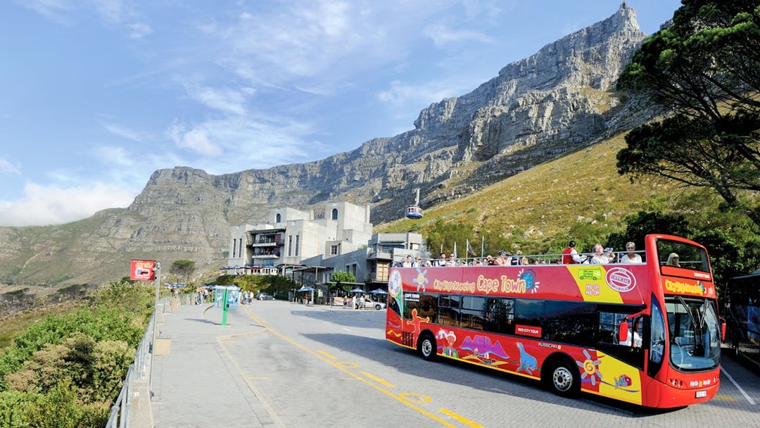 Hop-On Hop-Off bus near Table Mountain, Cape Town.