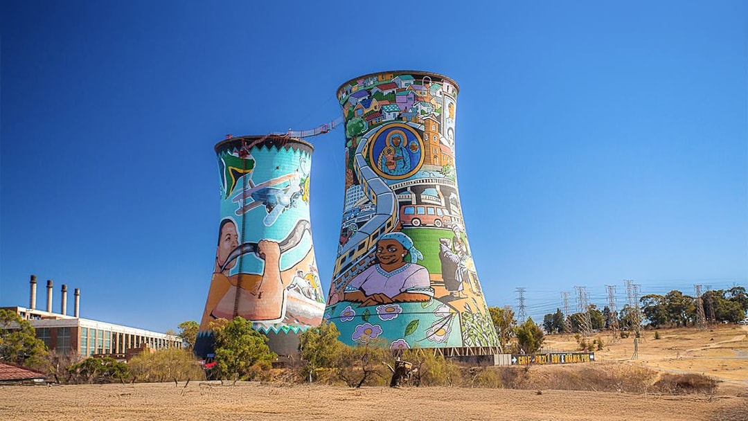 Soweto Towers with vibrant murals in Johannesburg, South Africa.