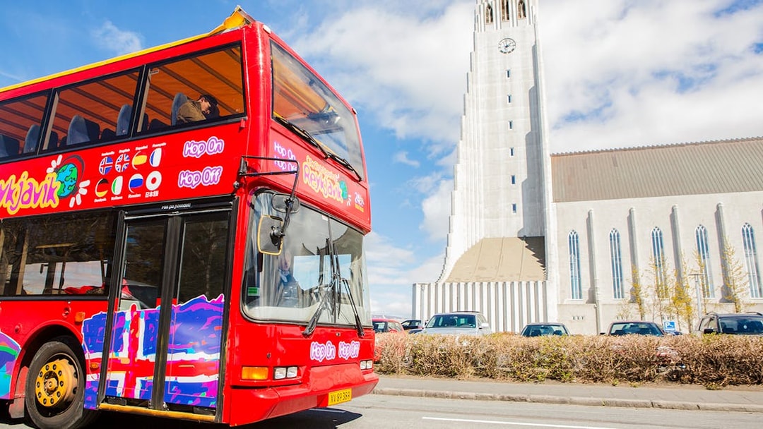 Reykjavik Hop-On Hop-Off bus near Hallgrímskirkja church.