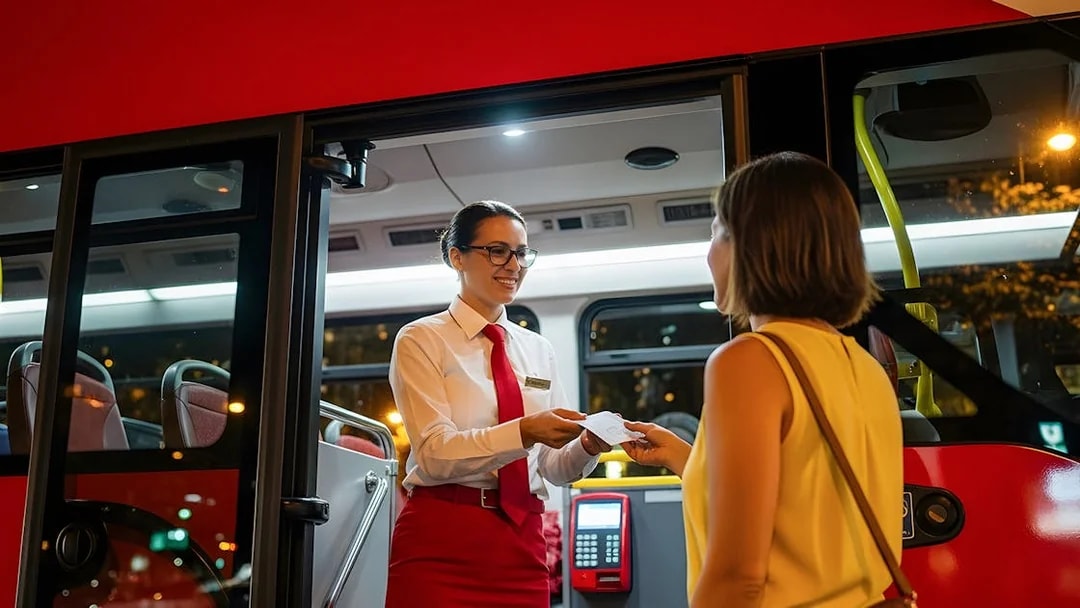 Tour guide handing ticket to tourist at bus entrance.