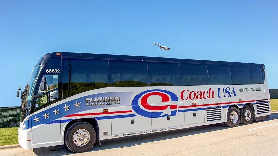 Coach USA bus on route from Chicago O'Hare Airport to Milwaukee.