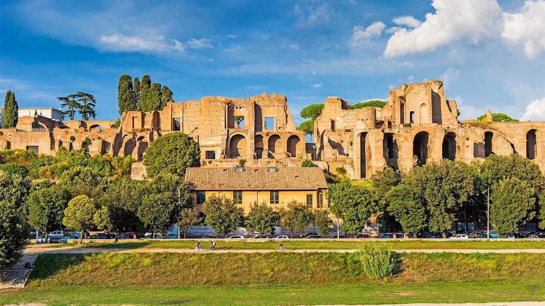 Ancient ruins on Palatine Hill in Rome with trees and a clear sky.