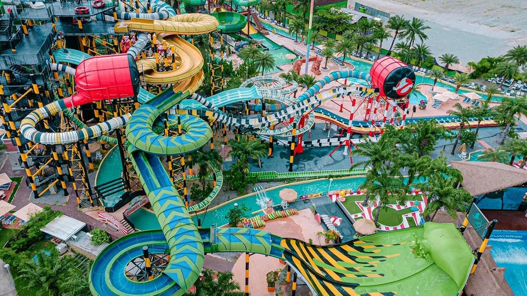 Water slides and attractions at Columbia Pictures Aquaverse in Pattaya, Thailand.
