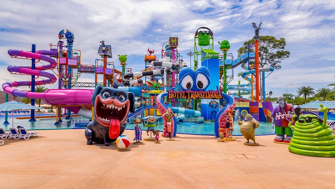 Columbia Pictures Aquaverse Pattaya water park with Hotel Transylvania theme and colorful slides.
