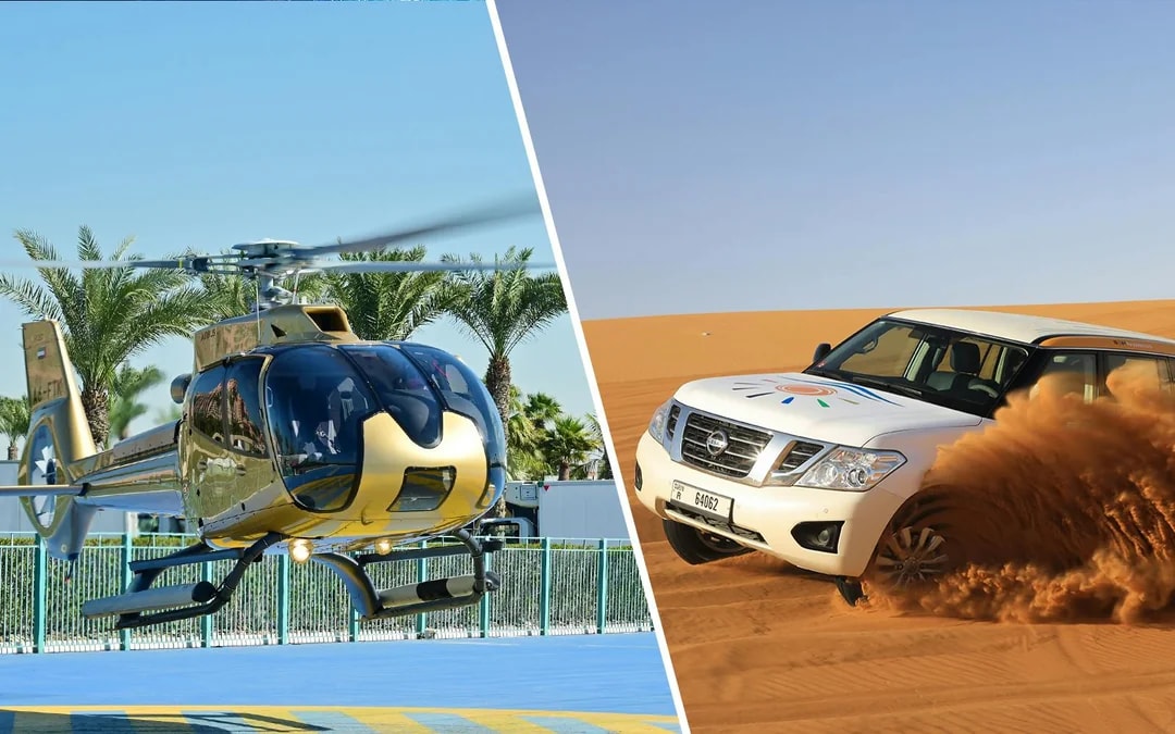 Combo: 15-Min Helicopter Tour of Dubai &  Red Dunes Desert Safari with Bedouin Camp Experience Image 1