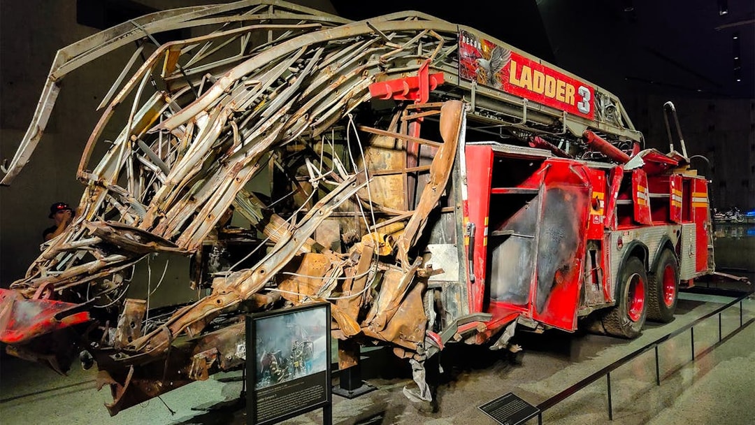 Fire truck wreckage from 9/11 displayed at the 9/11 Memorial Museum.
