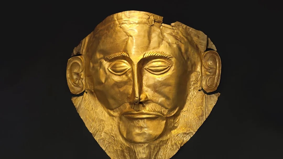Gold funerary mask at the National Archaeological Museum, Athens.