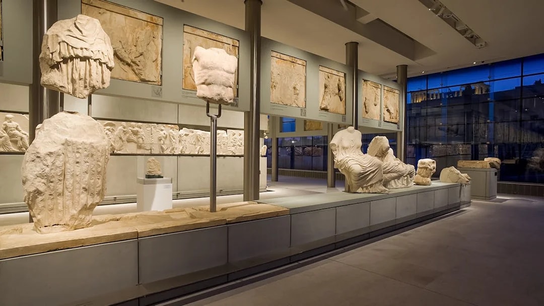 Lion sculpture from the Parthenon pediment displayed in the Acropolis Museum, Athens.