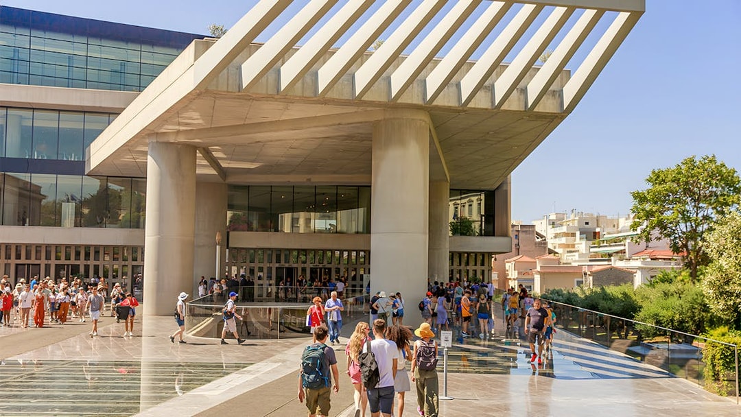Visitors entering the Acropolis Museum in Athens, Greece.