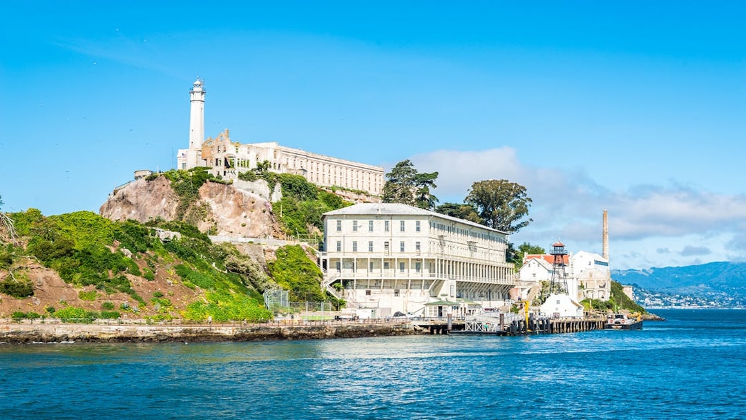 Alcatraz Island with historic prison buildings in San Francisco Bay, California.