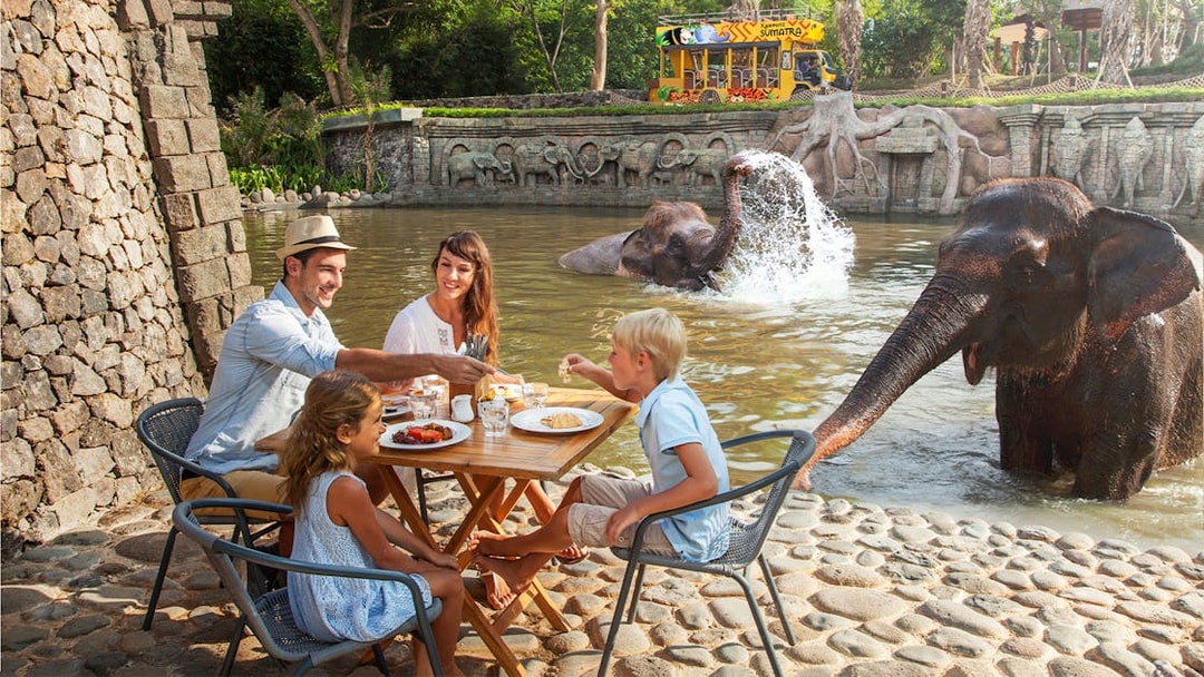 Tourists enjoying breakfast near elephants at Bali Zoo.