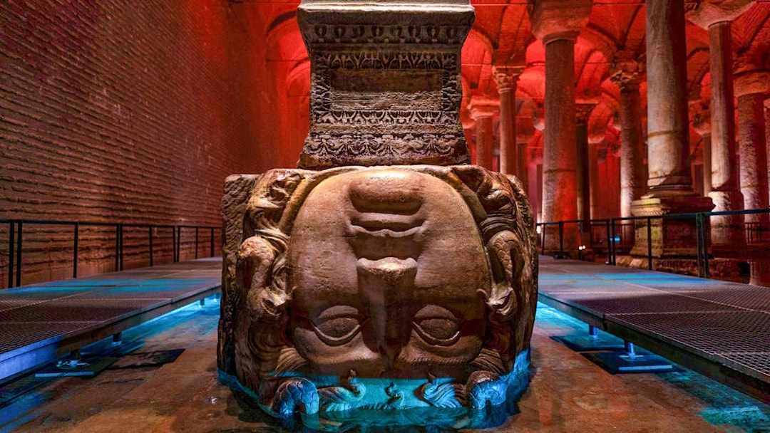 Upside-down Medusa head column in Basilica Cistern, Istanbul.