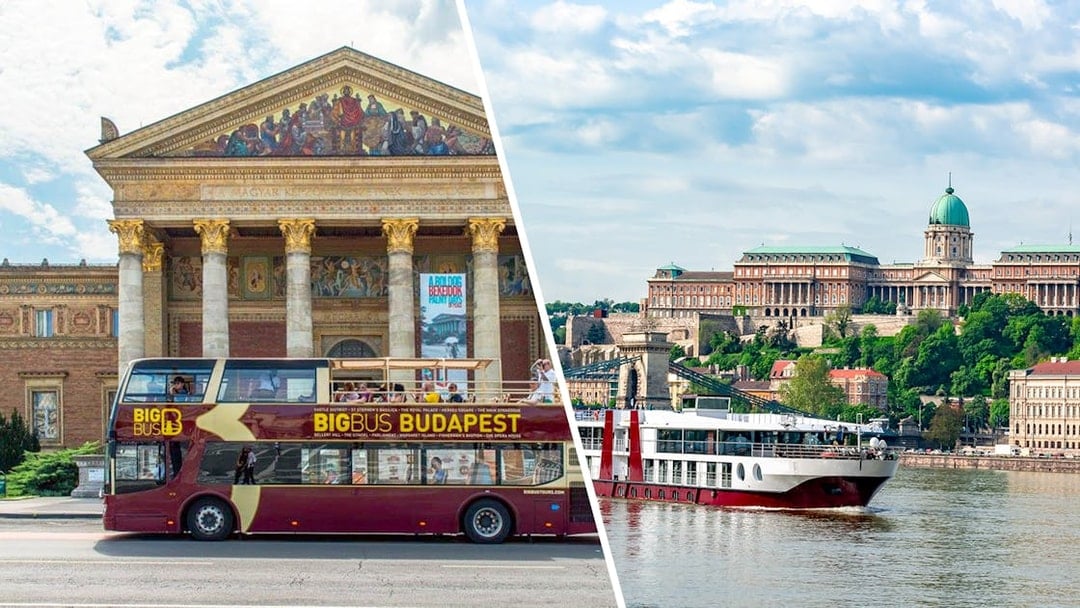 Big Bus Budapest in front of Museum of Fine Arts and Buda Castle across the Danube River.
