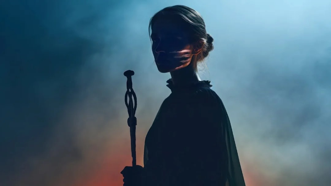 Silhouette of a person holding a staff at the National Museum of Denmark exhibit.