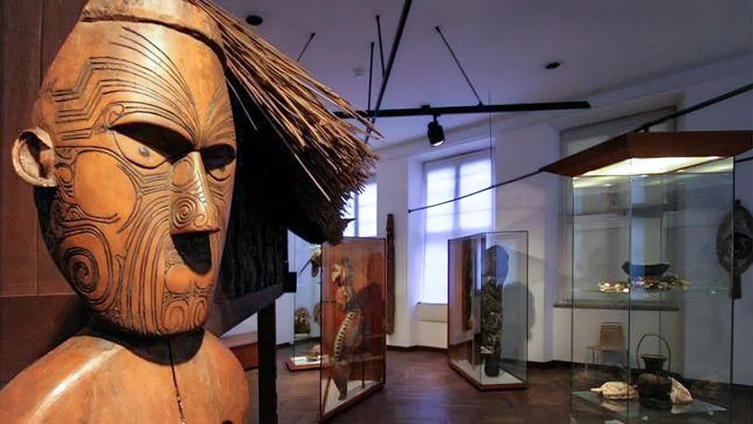 Ethnographic artifacts displayed at the National Museum of Denmark exhibit.