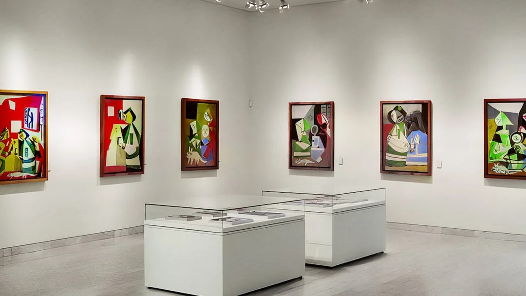 Picasso Museum interior with abstract paintings on white walls and display cases.