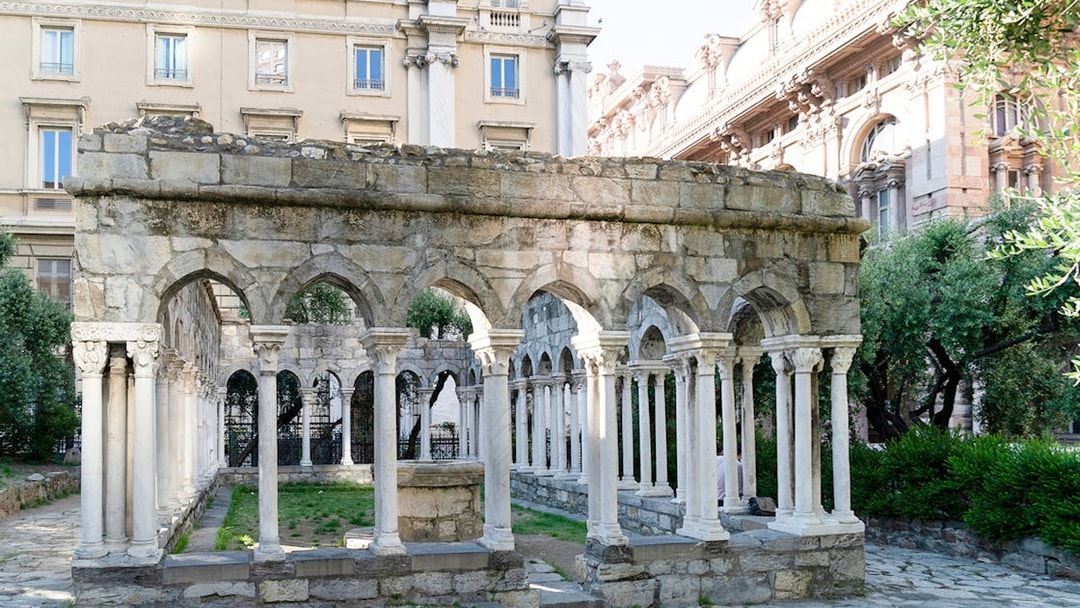 Ancient stone arches at Casa di Colombo in Genoa, Italy.