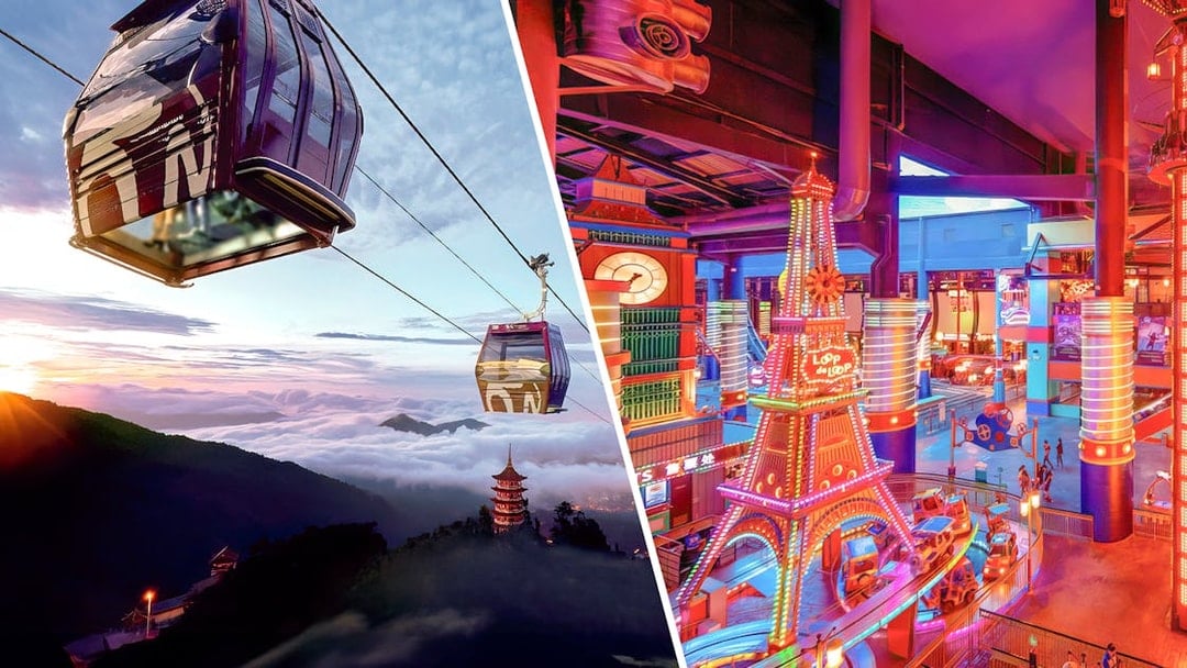 Genting Awana SkyWay cable cars over misty mountains and vibrant Skytropolis Indoor Theme Park.