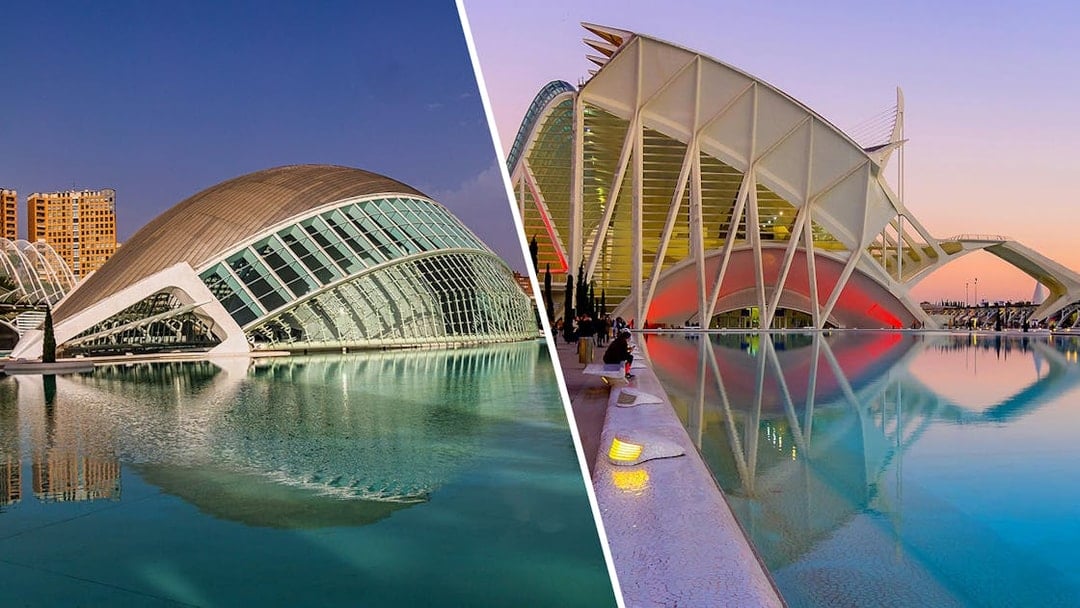 Hemisfèric and Science Museum in Valencia reflected in water.
