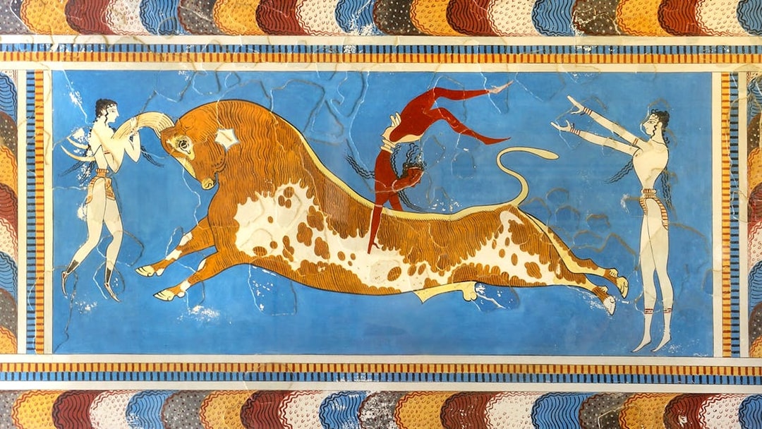 Bull-leaping fresco at Knossos Palace, Crete, depicting ancient Minoan ritual.
