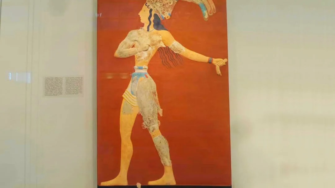 Fresco of a Minoan figure at Heraklion Archaeological Museum, Crete.