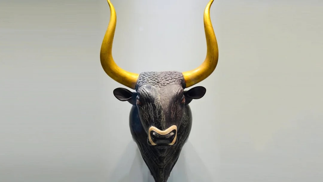Bull's head rhyton from Knossos at Heraklion Archaeological Museum.
