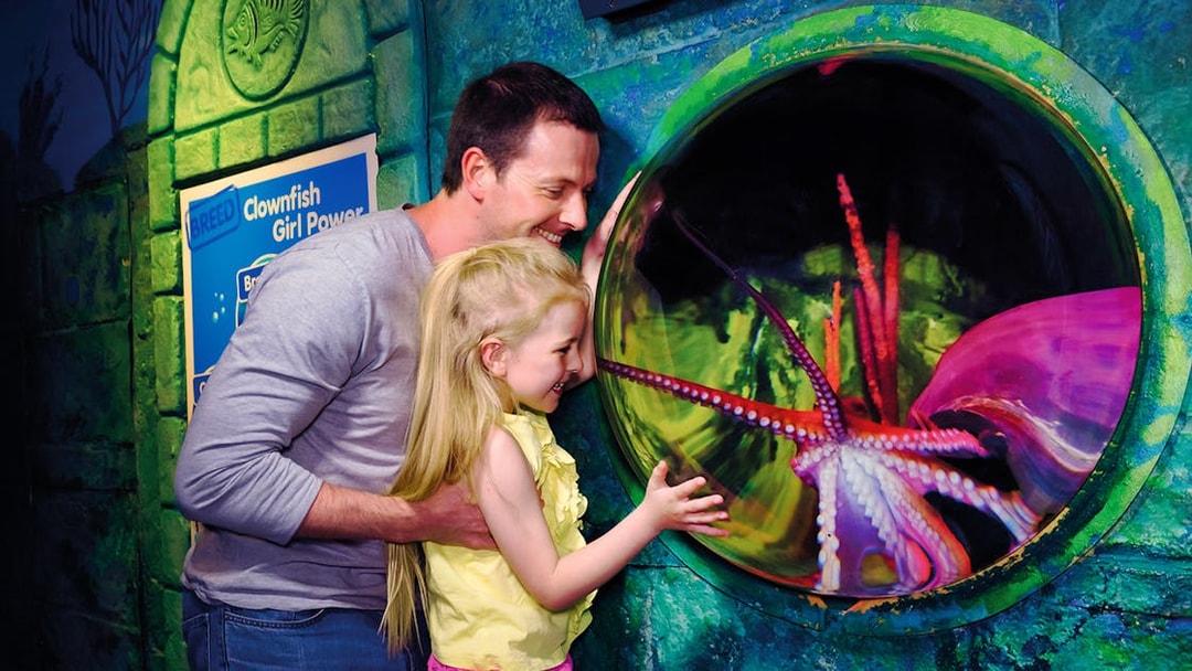 Family observing octopus at Sea Life London Aquarium exhibit.