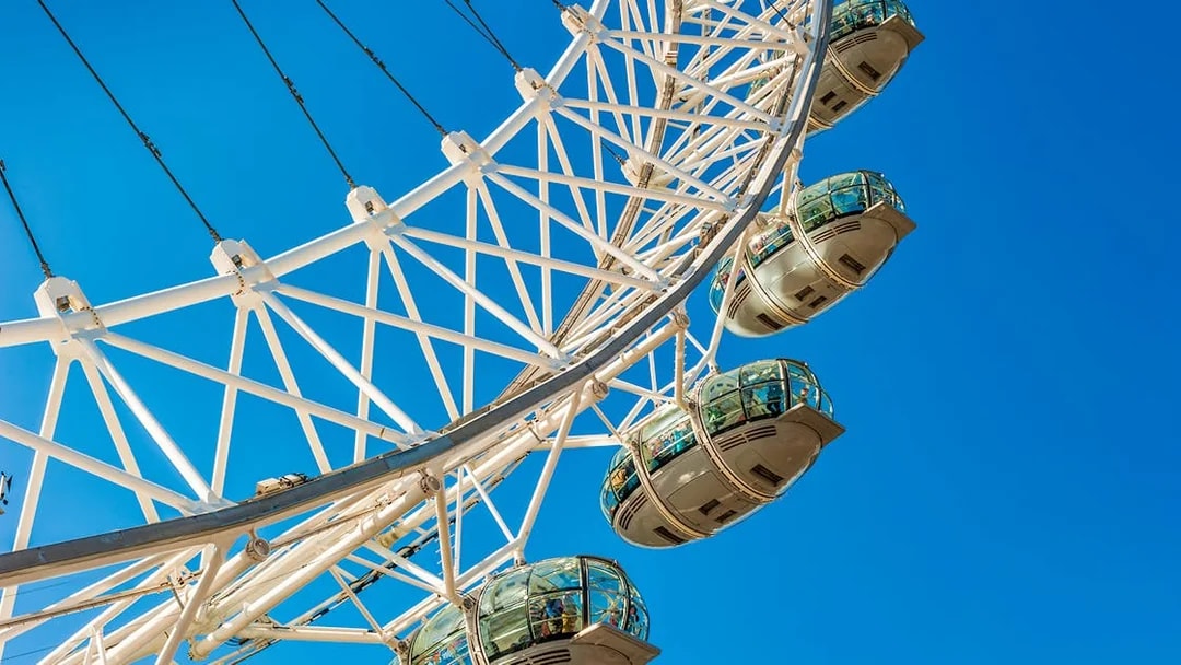 London Eye capsules against a clear blue sky.