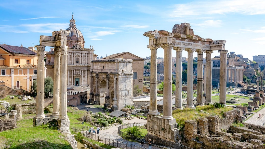 Palatine Hill ruins with Roman Forum columns in Rome, Italy.