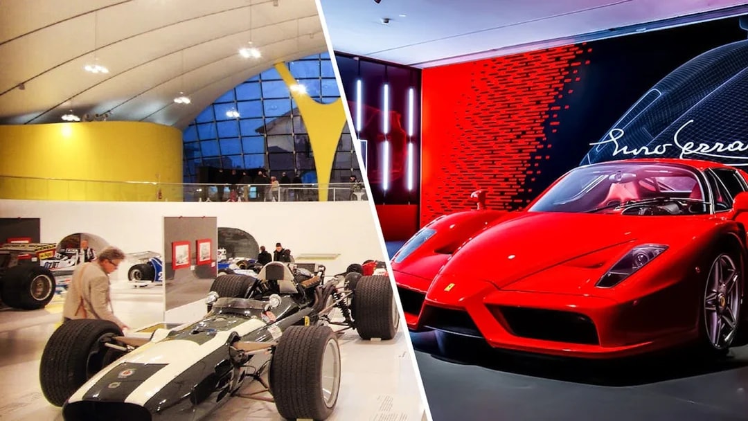 Maranello Ferrari Museum race car and Modena Enzo Ferrari Museum red sports car display.