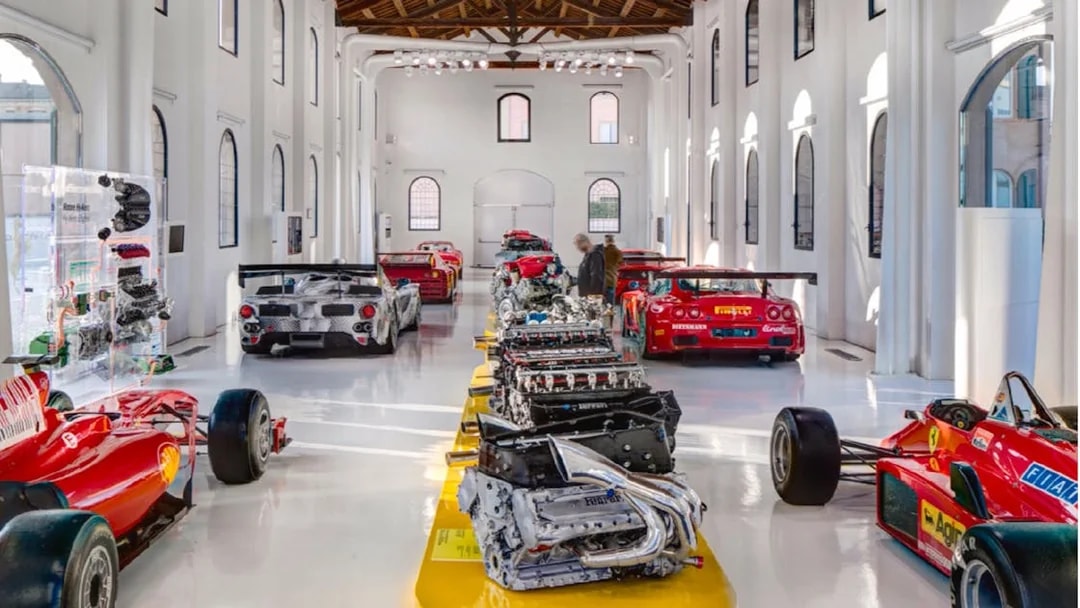 Ferrari engines and cars displayed at Maranello Ferrari Museum, Italy.