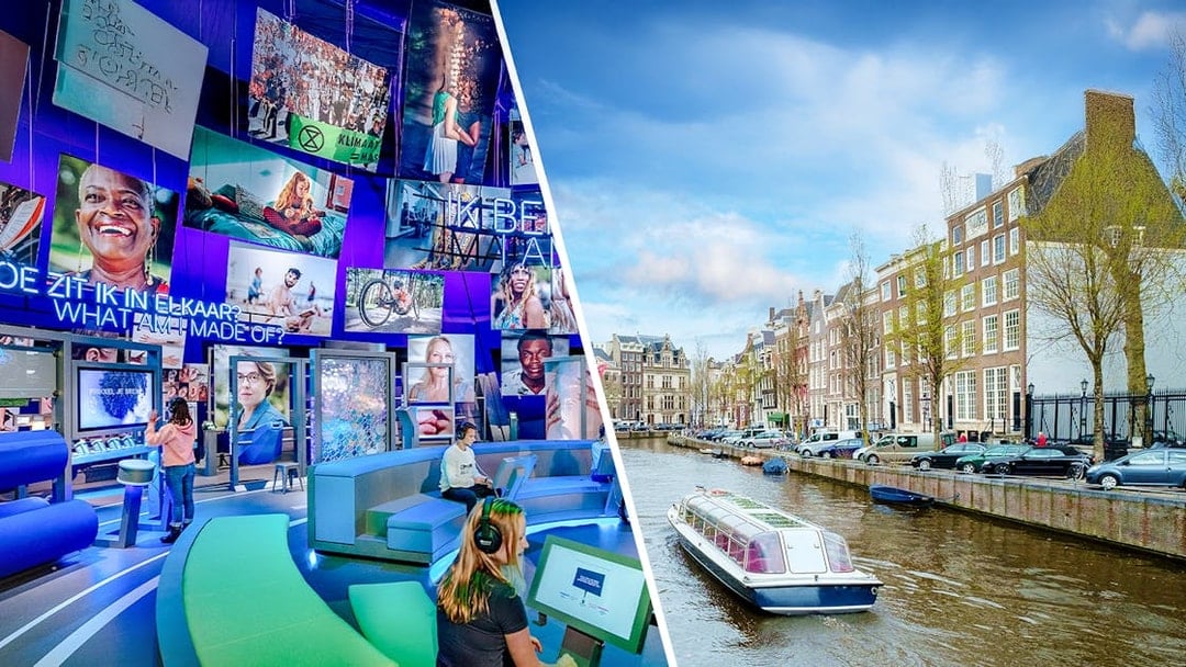 NEMO Science Museum interactive exhibit and Amsterdam canal with boat.