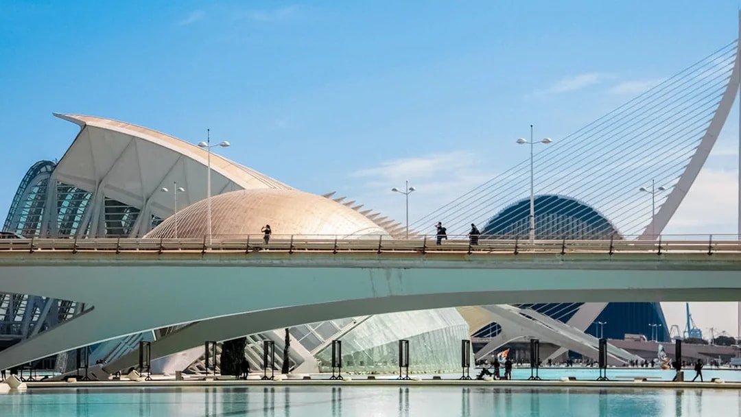 Tourists on bridge at Hemisfèric, City of Arts and Sciences, Valencia.