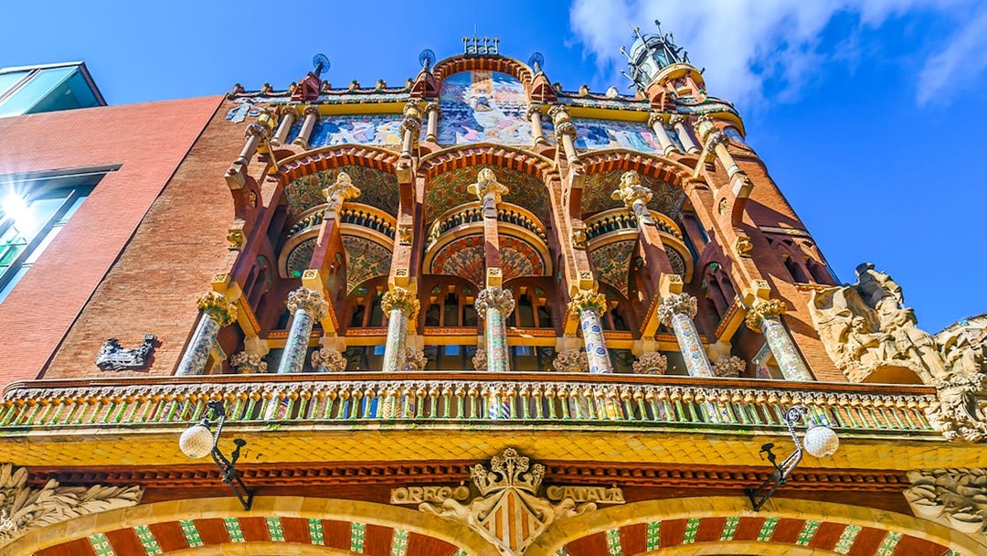 Palau de la Música Catalana facade with ornate columns and mosaics, Barcelona.