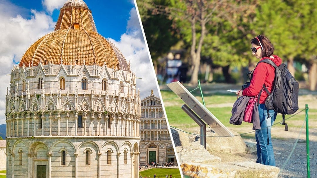 Pisa Baptistery and tourist with audio guide in Monumental Complex, Italy.