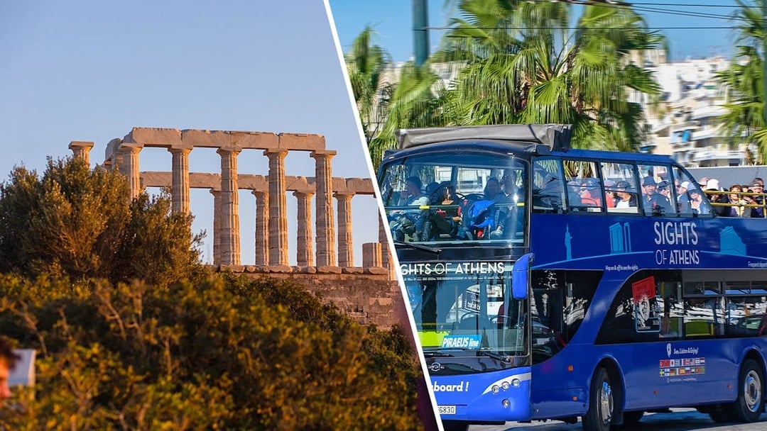 Temple of Poseidon at sunset and Athens hop-on hop-off bus tour.