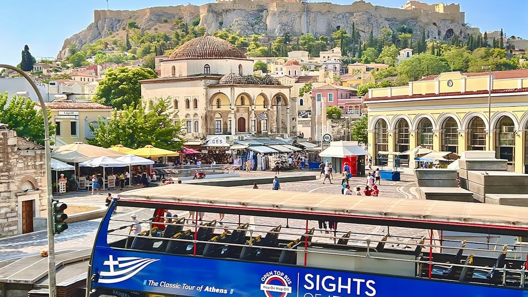 Hop on Hop off bus with Acropolis view in Athens, Greece.