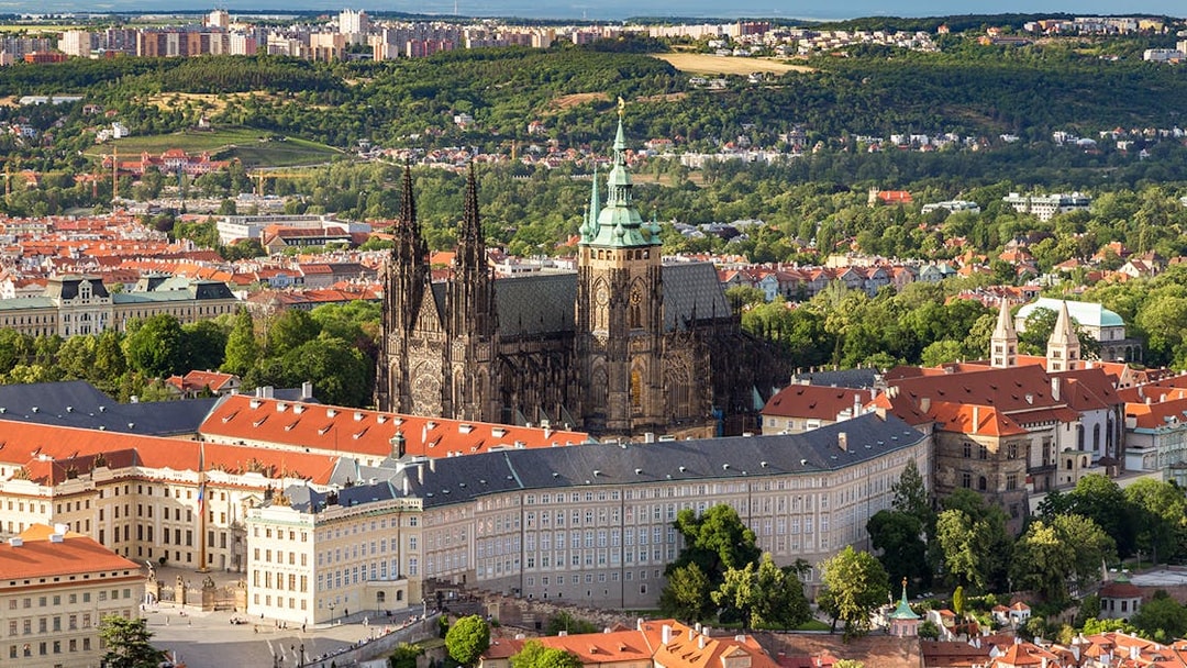 Aerial view of St. Vitus Cathedral and Prague Castle complex in Prague.