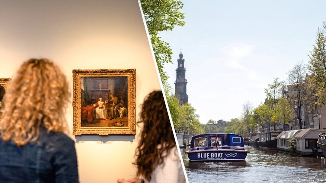 Rijksmuseum visitors viewing art; canal cruise boat on Amsterdam canal.