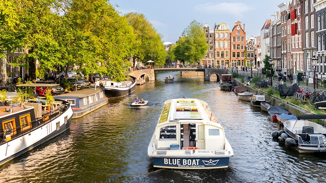Canal cruise boat on Amsterdam's scenic canal with historic buildings and trees.