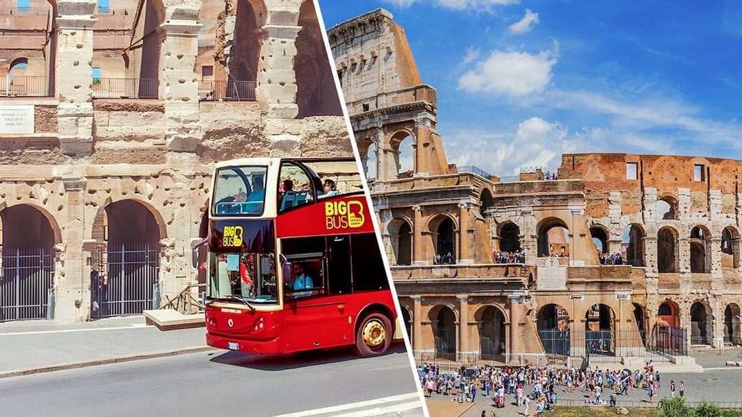 Red double-decker bus near the Colosseum in Rome, part of a hop-on hop-off tour.