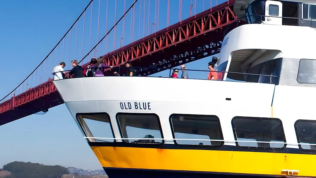 Bay cruise boat near Golden Gate Bridge, San Francisco, part of Big Bus tour.