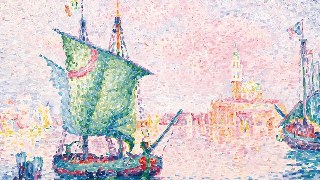 Sailboat on Venice waters with San Giorgio Maggiore in the background, The Pink Cloud by Paul Signac.